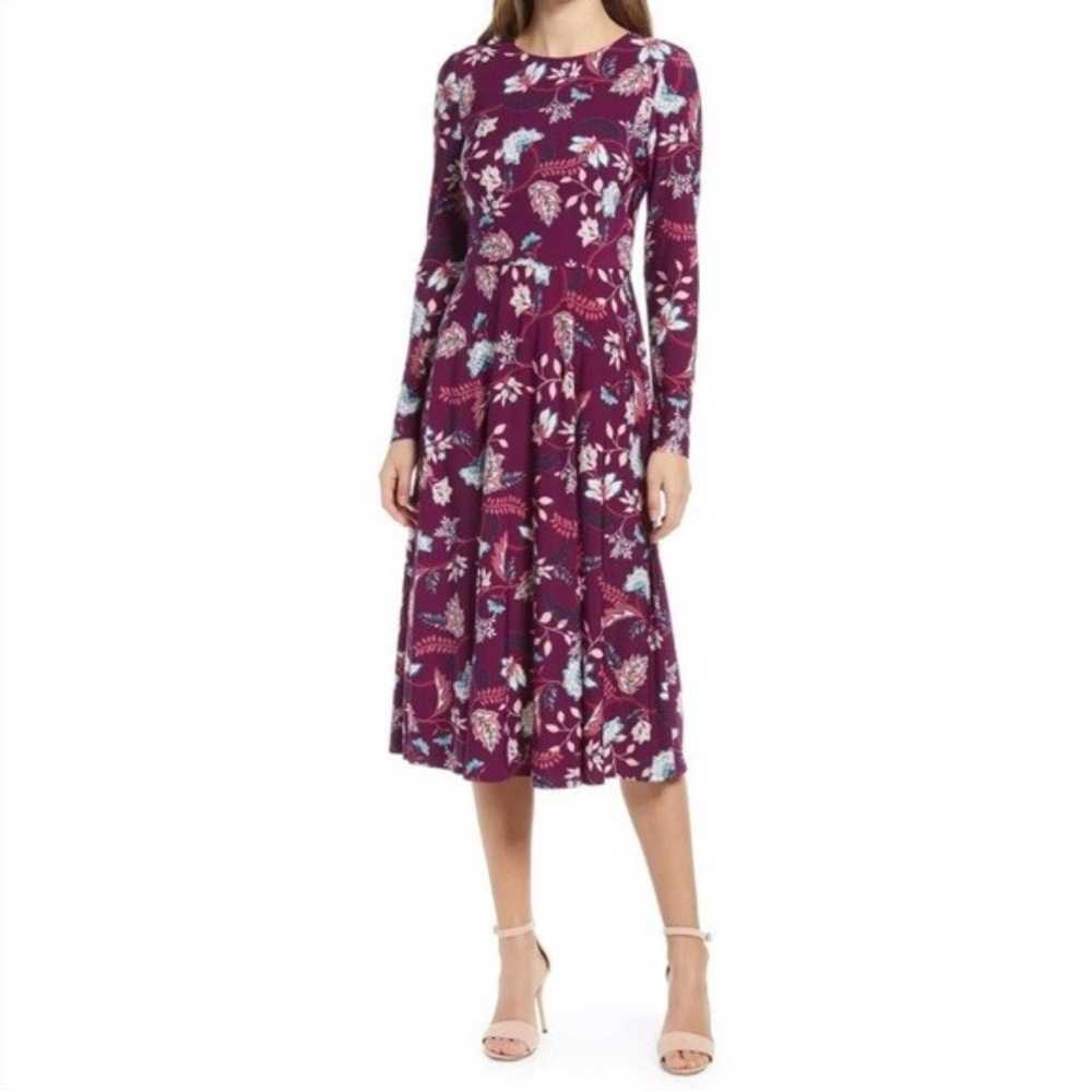 Eliza J Aubergine Purple Floral Print long sleeve stretch knit midi dress